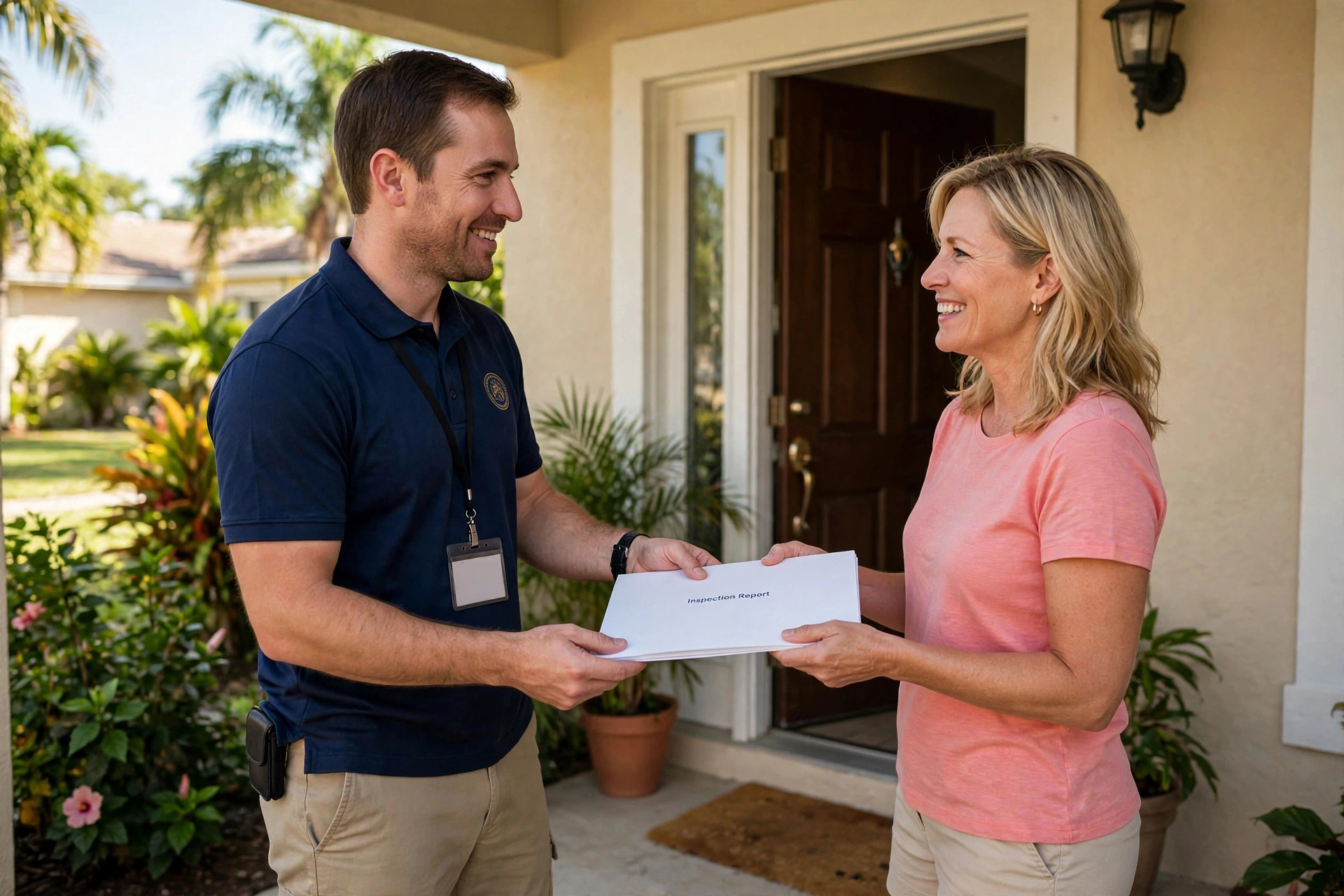 Inspector handing a completed report to a homeowner