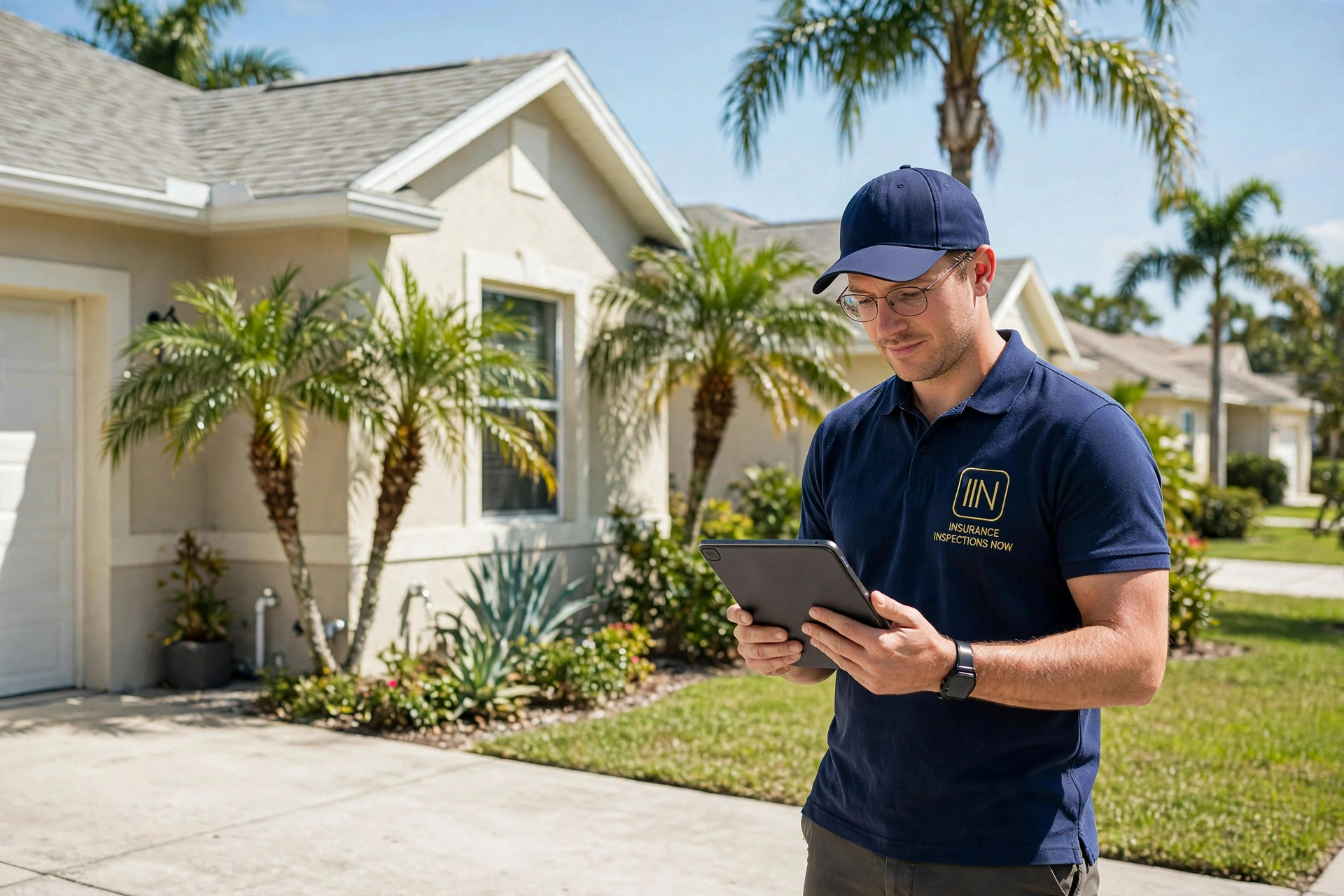 Insurance inspector reviewing a checklist on a tablet